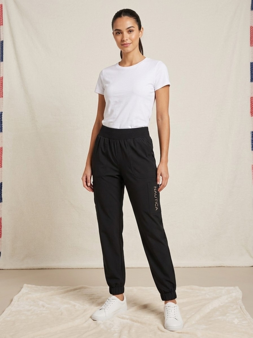 Nautica Black Elastic Cuff Sporty Athletic Track Joggers Size S. WP 19